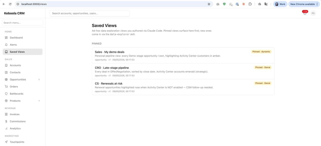 Keboola CRM Saved Views page showing pinned views created by Claude Code